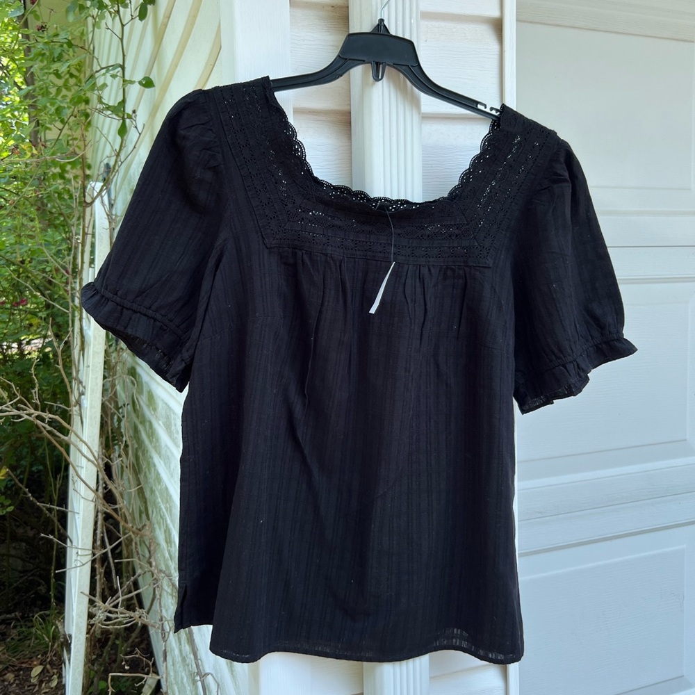 NWT Talbots Pretty Black Stripe Cotton Lace Trim Square Neck Blouse
